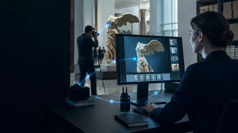 Illustrazione di un flusso fotografico, dalla ripresa di una scultura alla lavorazione al computer