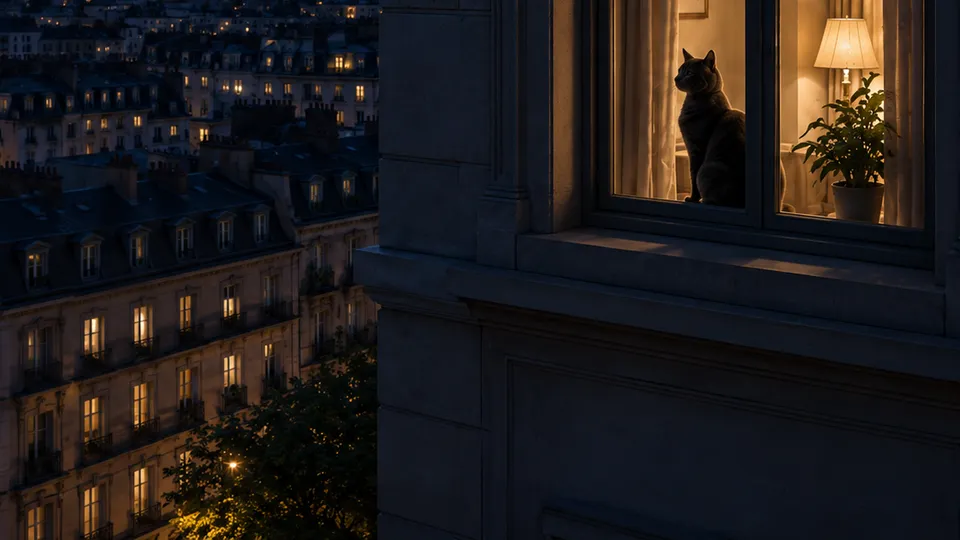 Scena notturna illustrativa con un gatto a una finestra illuminata e una città sullo sfondo