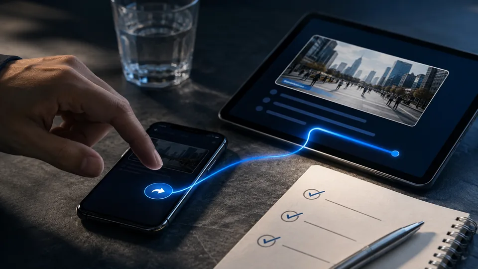 Una mano si ferma sul comando di condivisione di uno smartphone, accanto a una notizia su tablet e a una checklist.