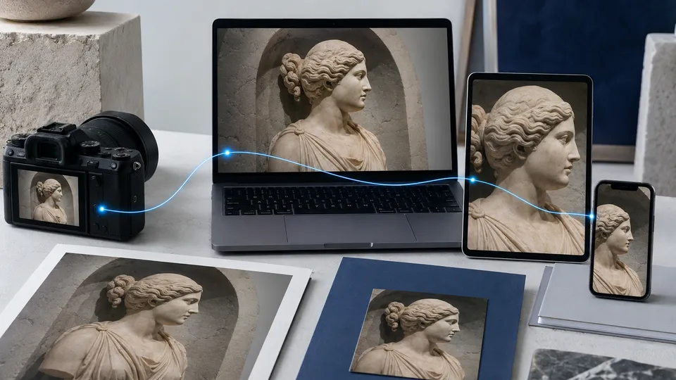 Illustrazione della stessa immagine di una scultura su fotocamera, computer, tablet e telefono