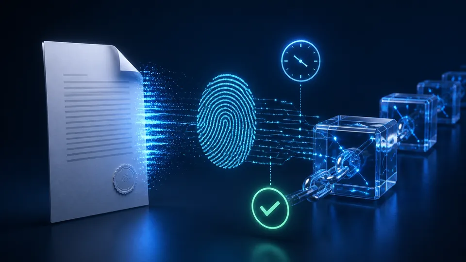 Illustrazione di un documento collegato a un’impronta digitale e a una registrazione temporale
