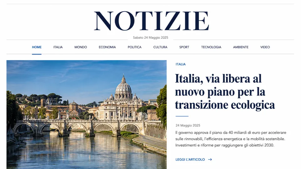 Mockup illustrativo di una pagina editoriale con articolo, immagine e navigazione di una testata