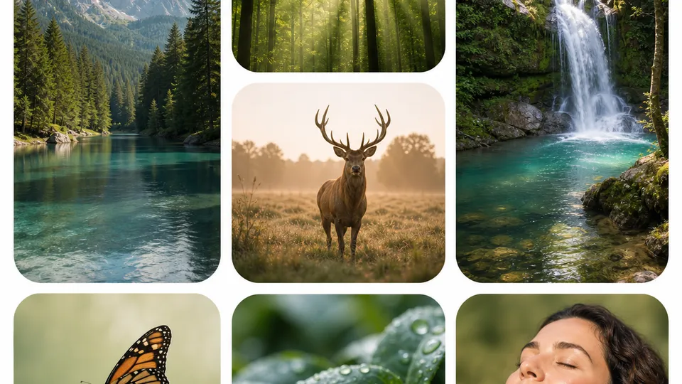 Raccolta illustrativa di immagini di paesaggi, natura e ritratto, come esempio di asset di un kit multimediale