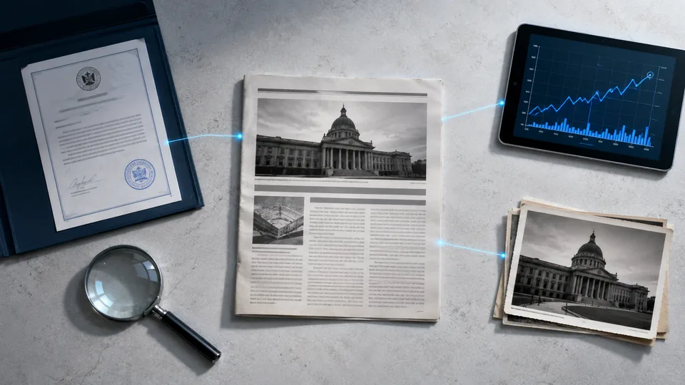 Un ritaglio di giornale è collegato a un documento, a un grafico su tablet e a una fotografia d’archivio.