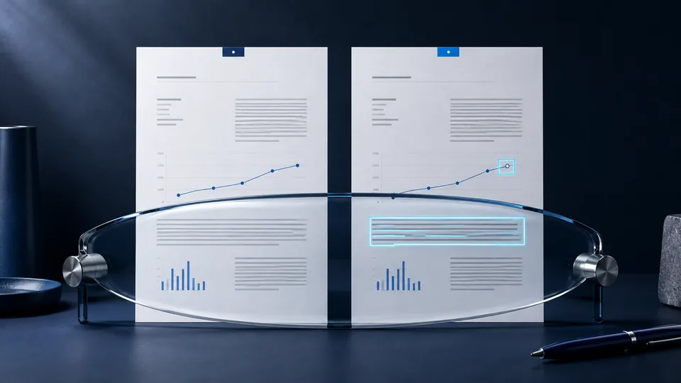 Due versioni di un documento con grafici, confrontate attraverso una lente che evidenzia una differenza nel testo.