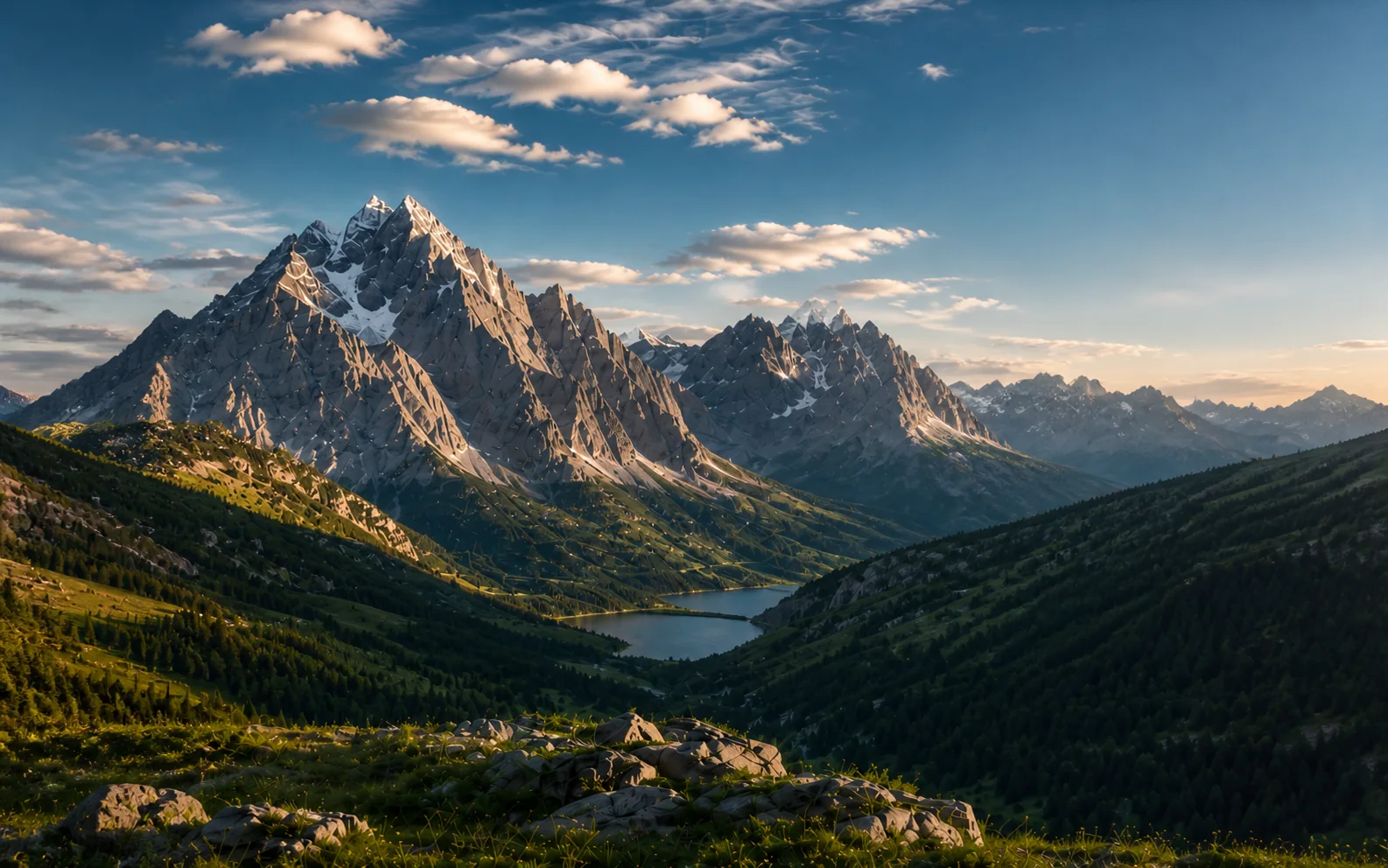 Paesaggio alpino con montagne illuminate dal sole e un lago nella valle