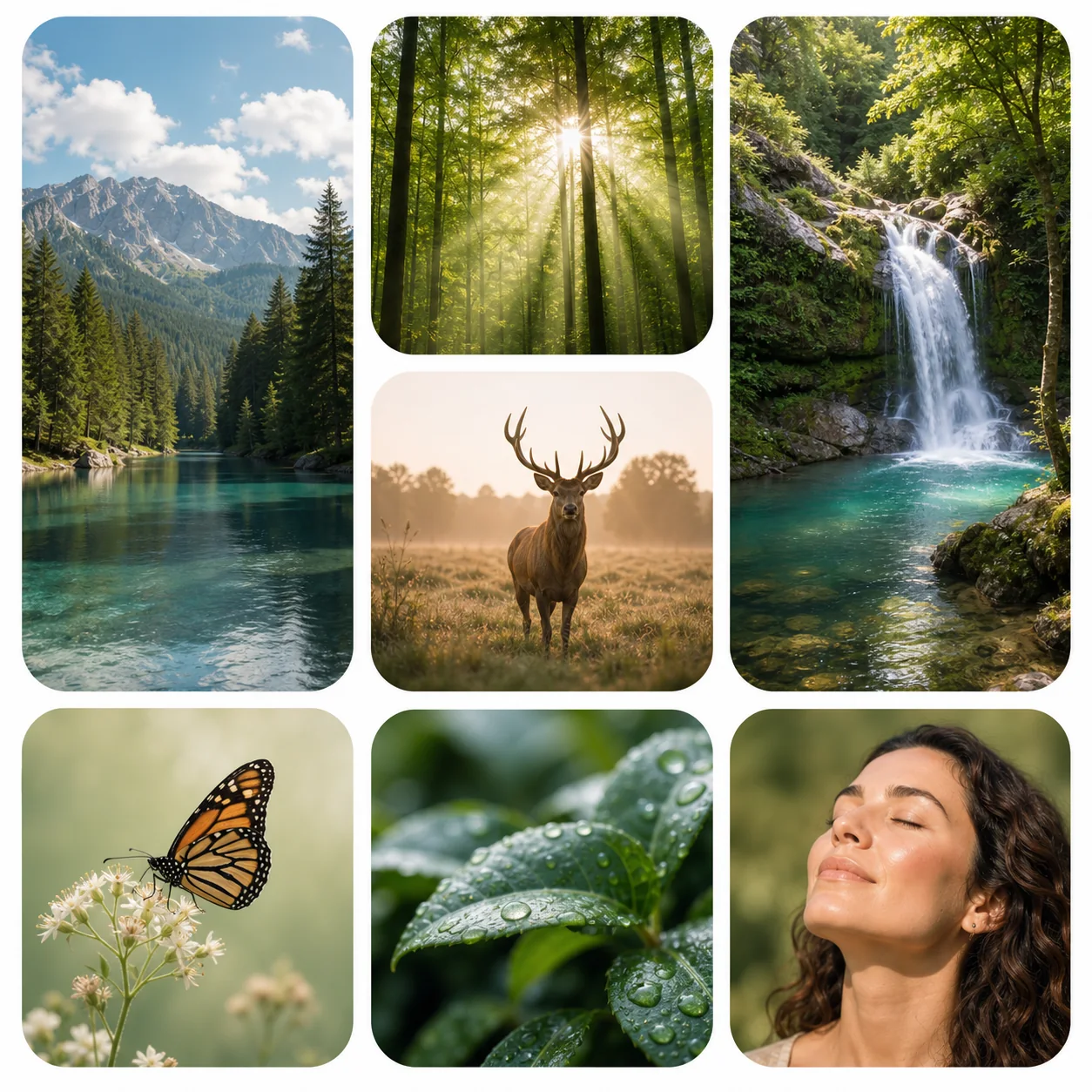 Mosaico fotografico di paesaggi naturali, fauna, foglie e una persona illuminata dal sole