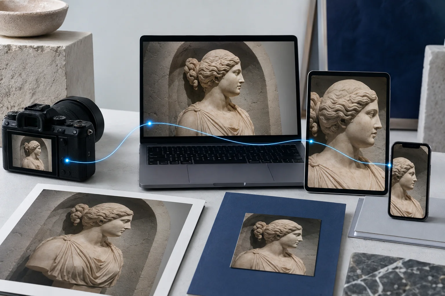 La stessa immagine attraversa fotocamera, computer, tablet, stampa e telefono mantenendo un filo di provenienza