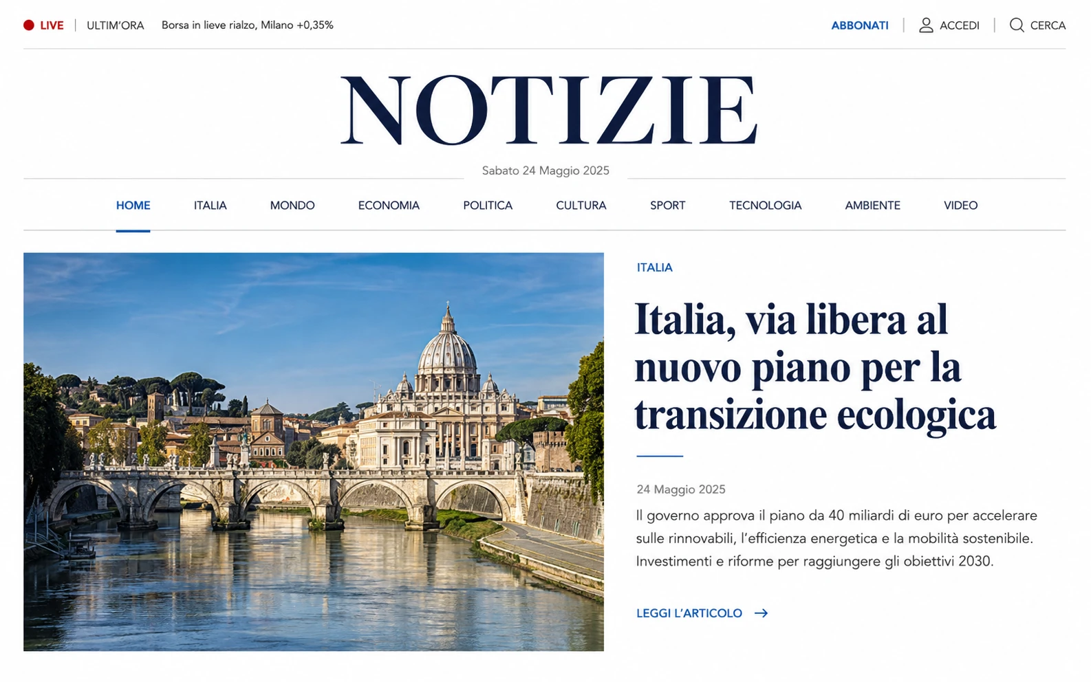 Pagina editoriale Notizie con un articolo principale sulla transizione ecologica